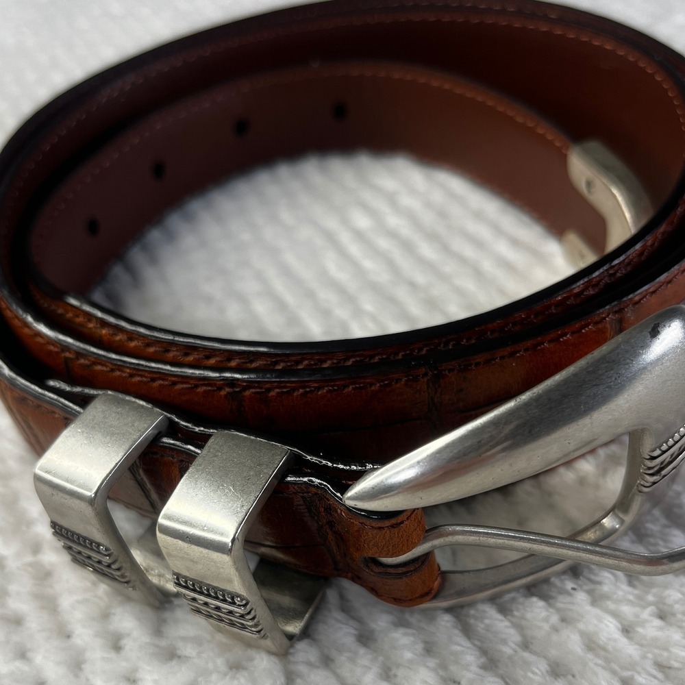 Jos. A. Bank Mens 38 Cognac Brown Croc Embossed Leather Western Buckle Belt T46